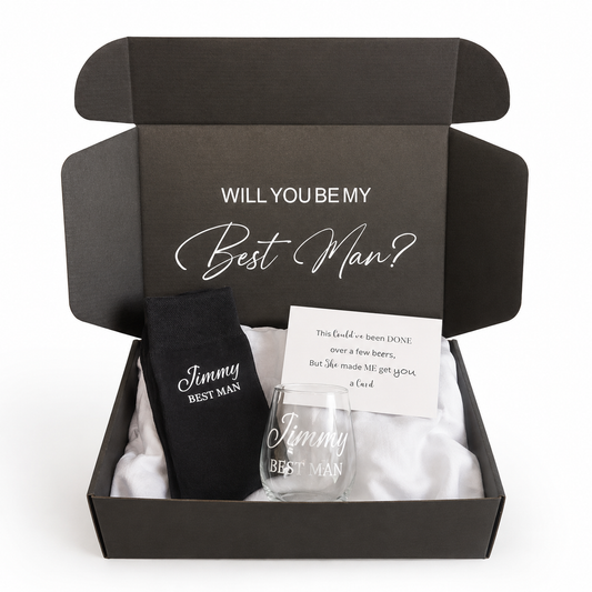 Gift set with 'Will You Be My Best Man?' card, black shirt, and glass in a box.