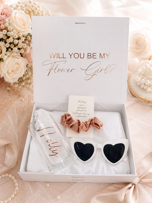 "Will you be my flower girl?"Proposal Gift Box(Gift box,Heart-Shaped Sunglasses,Glass,Scrunchie)