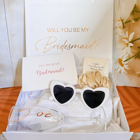 Personalised Bridesmaid/Maid of Honour Proposal Gift Box(Gift Box,Heart Shape Sunglasses,Champagne flute,Scrunchies,Card)