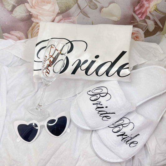 Gift Bundle for Bride (Bride Robe+Slippers+ Champagne flute +Heart Shape Sunglasses)