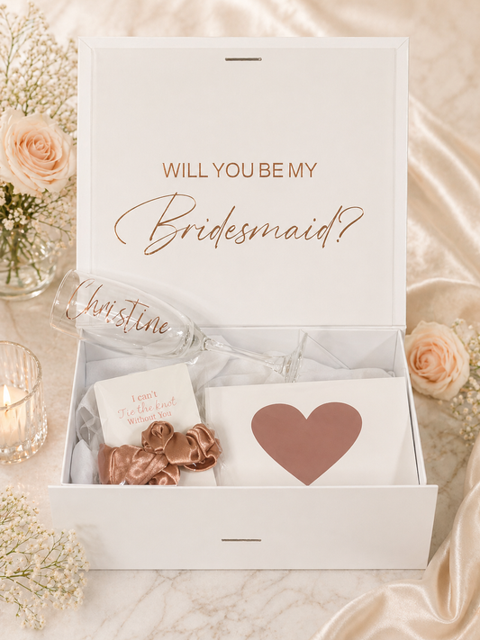 Personalised Bridesmaid & Maid of Honour Gift Box(Gift box,Champagne flute or tumbler glass, Card and scrunchies)