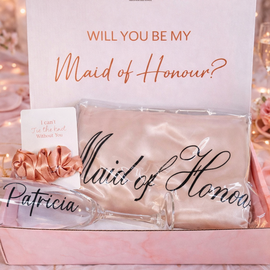 Proposal for Maid of Honour with champagne, flowers, and gift box.