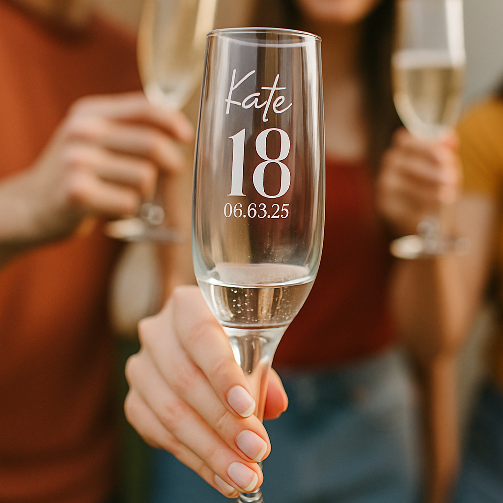 Personalized champagne flute held by a hand with blurred people in the background