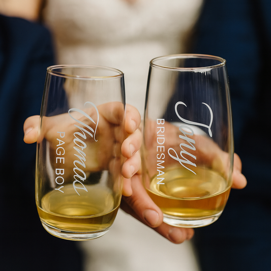 Two wine glasses held by hands, engraved with 'Page Boy' and 'Bridesman', filled with a yellow liquid.