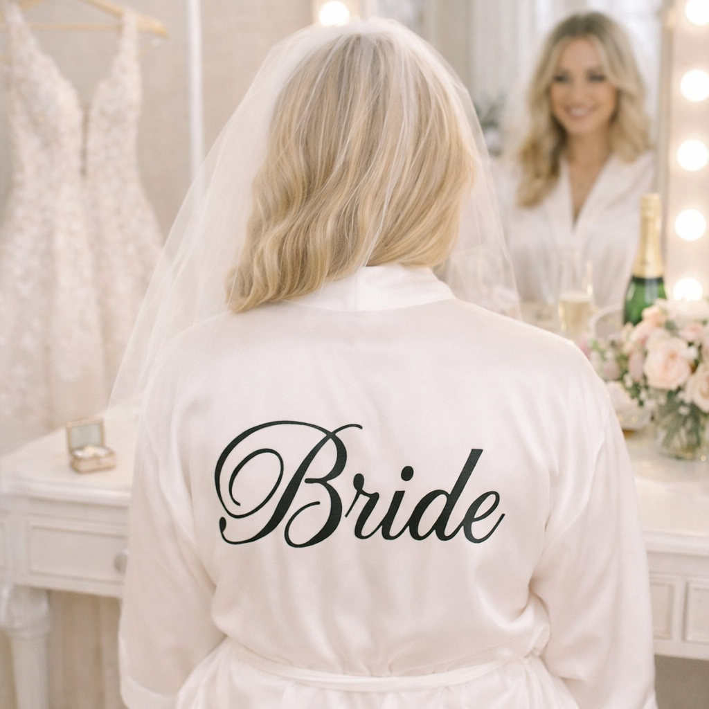 Woman in a white robe with 'Bride' printed on it, standing in front of a mirror in a bridal suite.