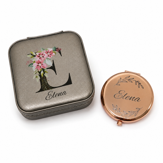 Compact mirror with floral design and 'Elena' branding on a white background