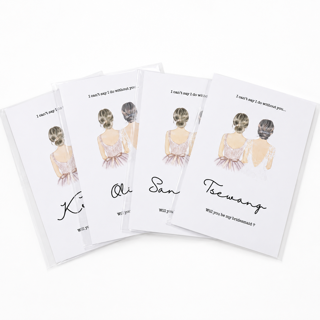 Four personalized bridesmaid proposal cards with illustrations of women in wedding dresses and text.