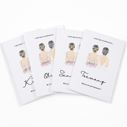 Four personalized bridesmaid proposal cards with illustrations of women in wedding dresses and text.