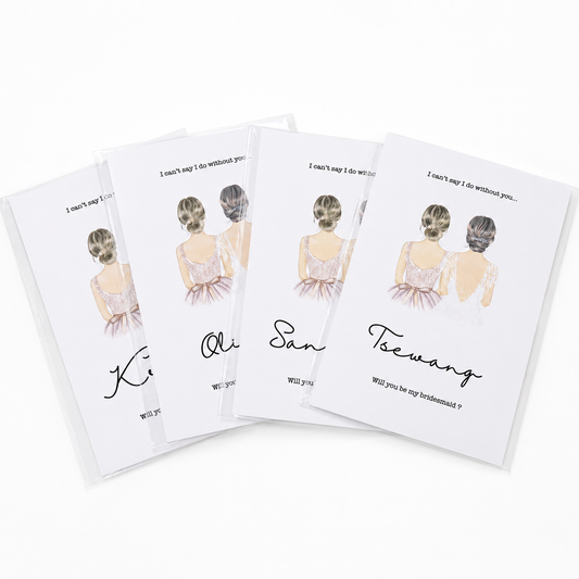 Four personalized bridesmaid proposal cards with illustrations of women in wedding dresses and text.