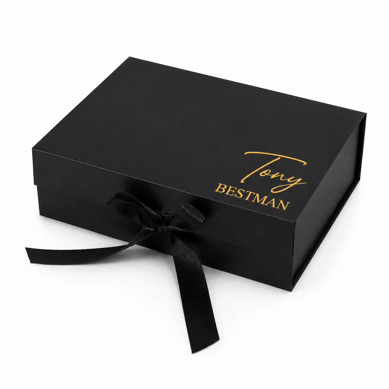 Black gift box with a black ribbon and 'Tony Bestman' branding on a white background