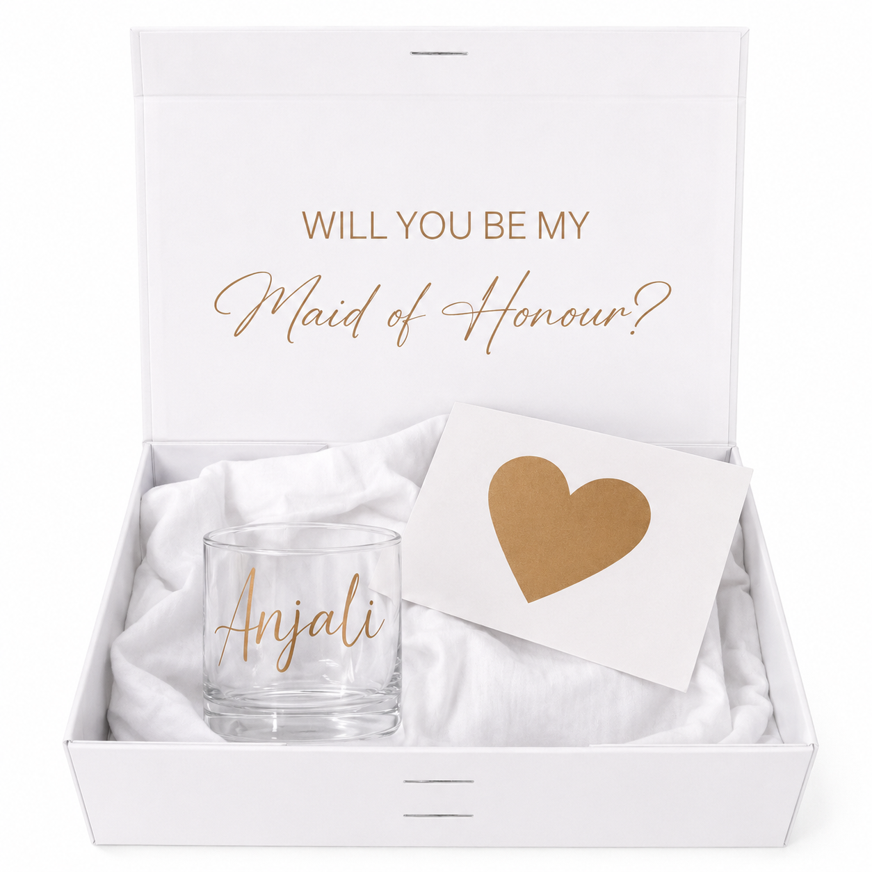 Gift set with a glass and card in a box, asking 'Will you be my Maid of Honour?'