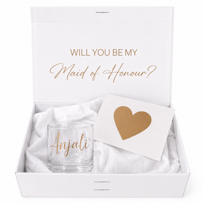 Gift set with a glass and card in a box, asking 'Will you be my Maid of Honour?'