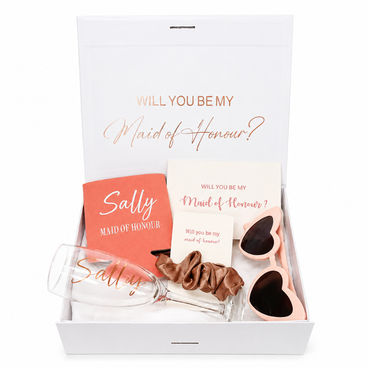 Gift set with 'Will you be my Maid of Honour?' card, sunglasses, and glass in a box.