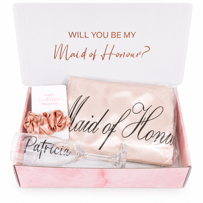 Gift set with champagne flute and handkerchief in a box, featuring 'Will you be my Maid of Honour?' text.