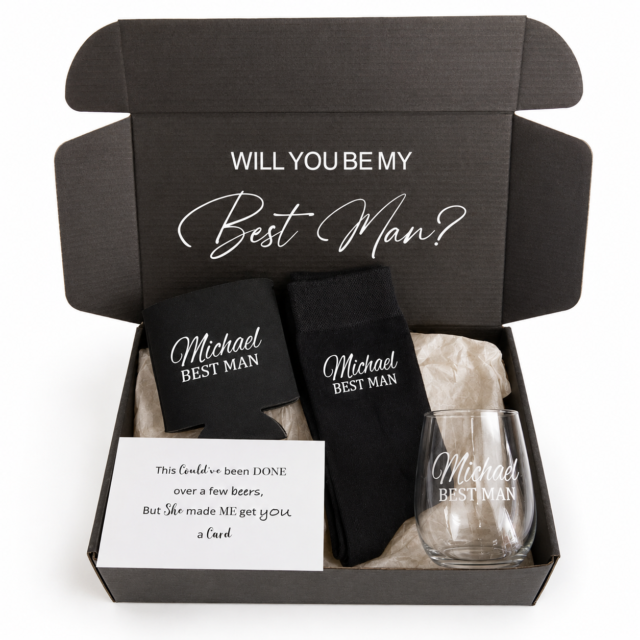 Gift set with black socks and a glass in a box, featuring 'Will You Be My Best Man?' text.