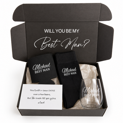 Gift set with black socks and a glass in a box, featuring 'Will You Be My Best Man?' text.