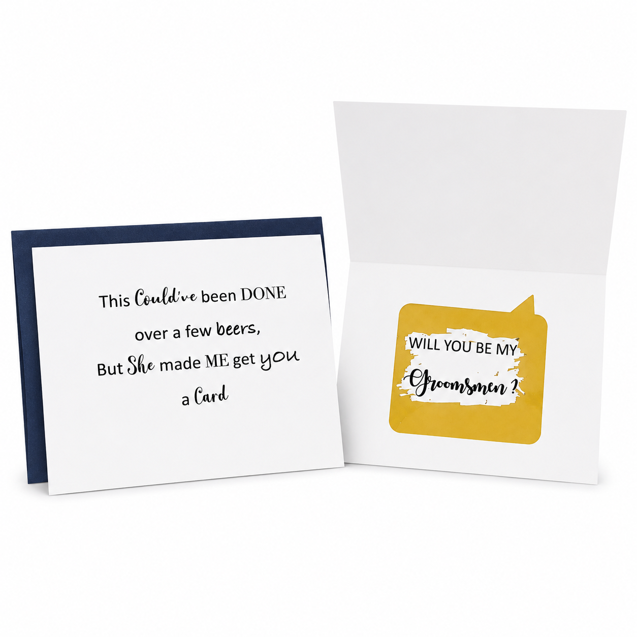 Two greeting cards on a white background, one with humorous text and the other asking if you will be my groomsman.