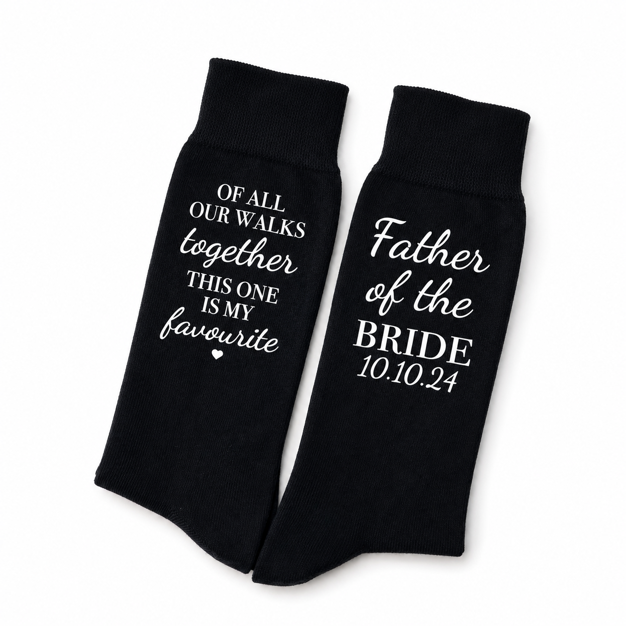 Black socks with white text for Father of the Bride gift on a white background
