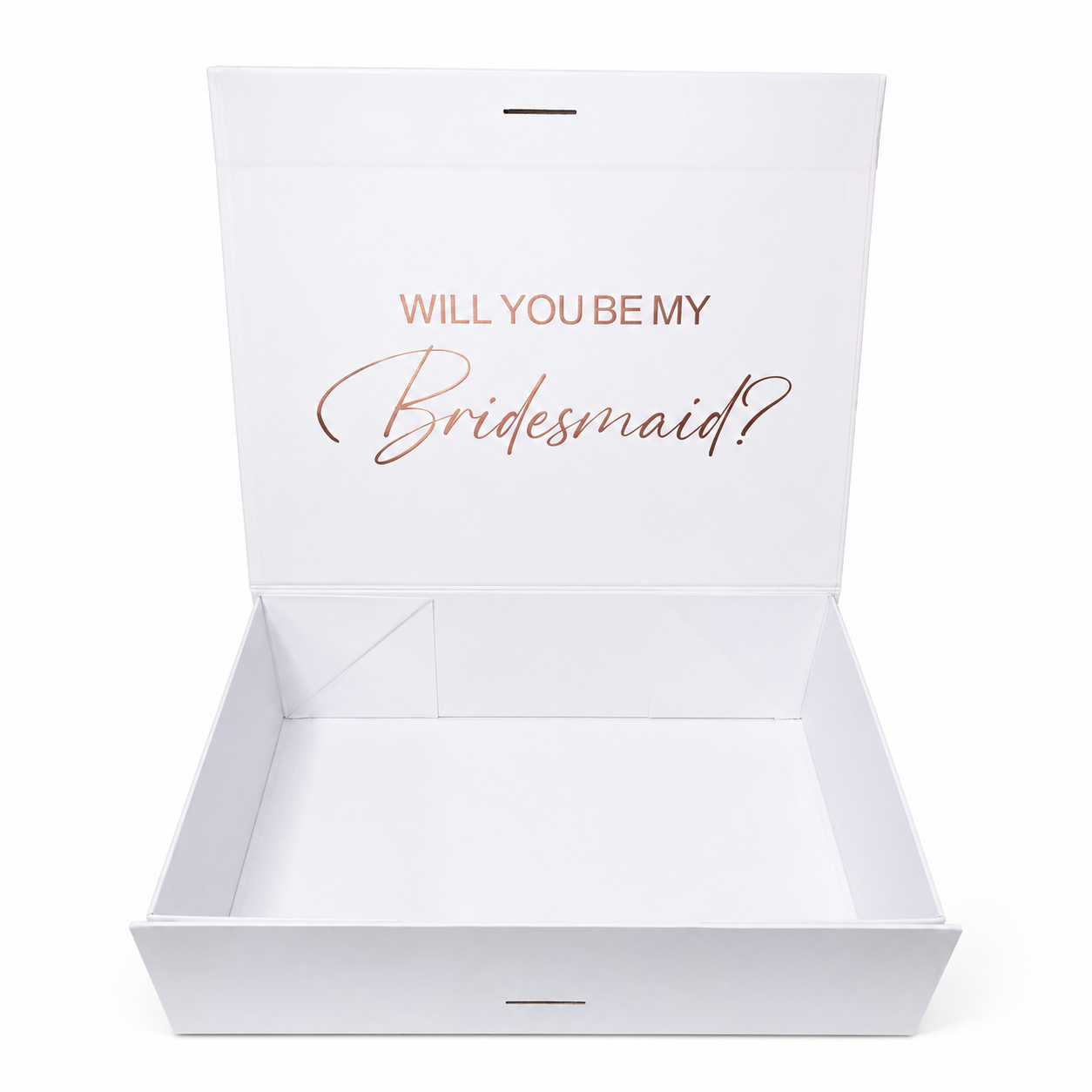White box with 'Will You Be My Bridesmaid?' text in rose gold on a white background