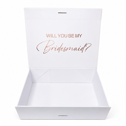 White box with 'Will You Be My Bridesmaid?' text in rose gold on a white background