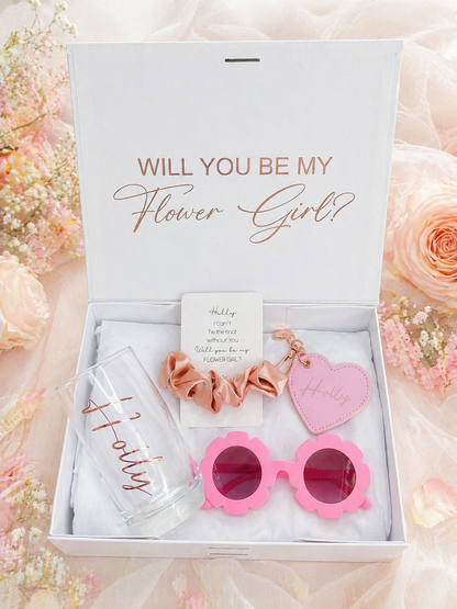 "Will You be my Flower Girl?" Proposal Gift Box (Gift Box,Flower-Shaped Sunglasses,Glass,Scrunchie, Heartshape Keyring)