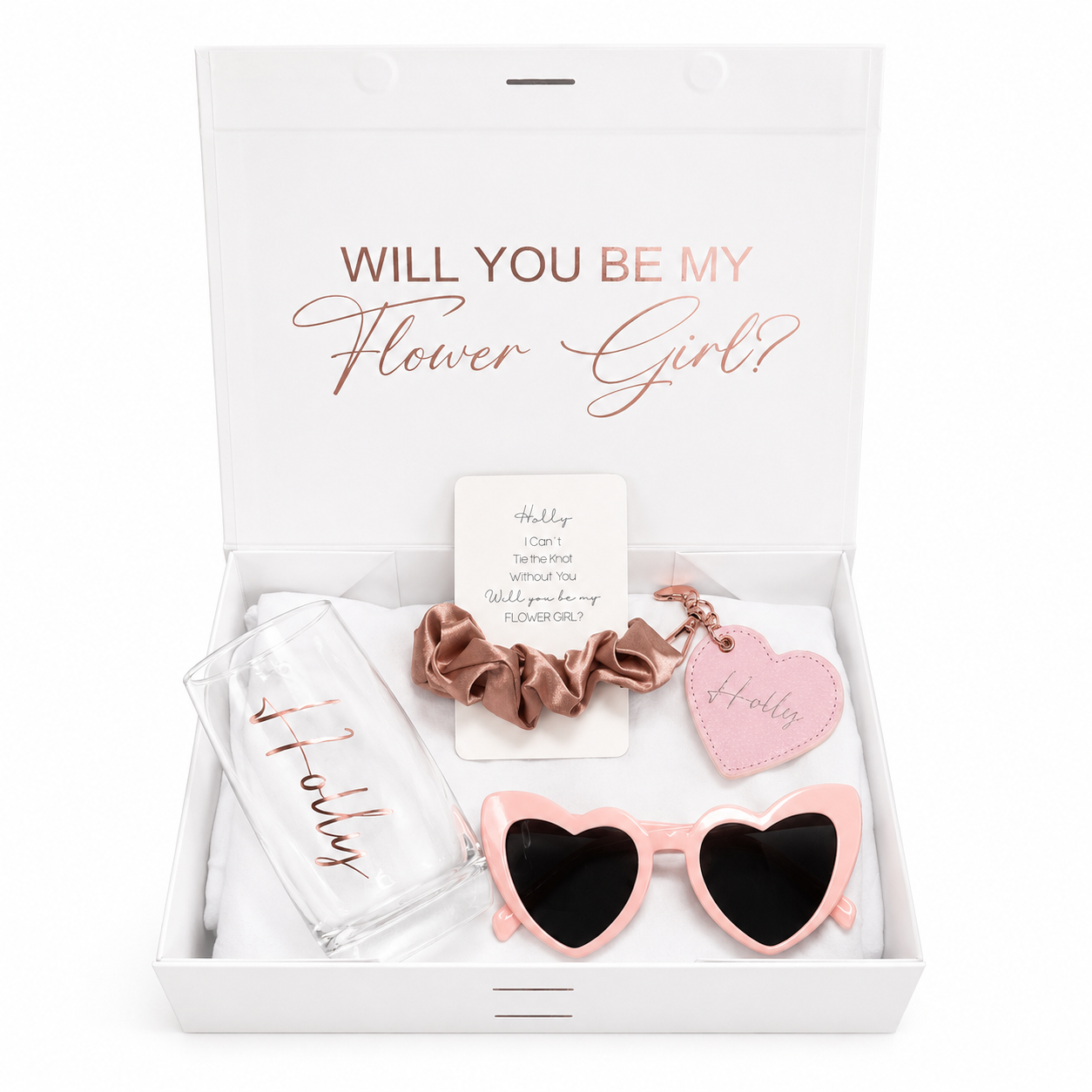 Gift set with 'Will You Be My Flower Girl?' card, sunglasses, scrunchie, and keychain in a box.