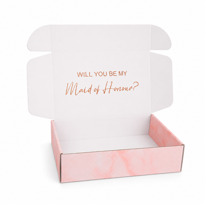 Pink box with 'Will you be my Maid of Honour?' text on a white background