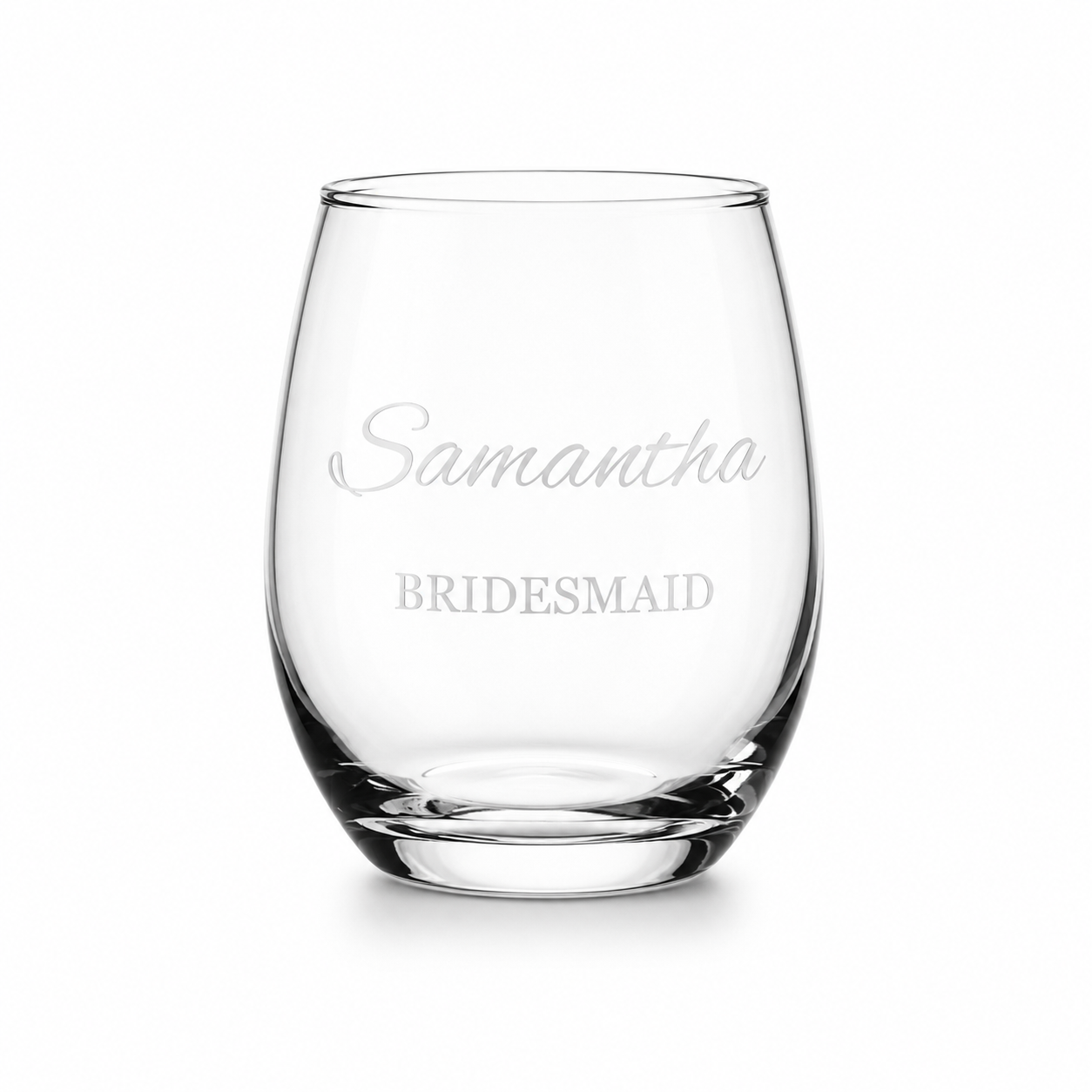 Clear glass with engraved text 'Samantha BRIDESMAID' on a white background