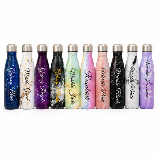 Set of colorful water bottles with marble patterns and names on a white background