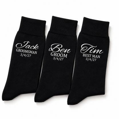 Three black socks with white text indicating roles for a wedding party on a white background.