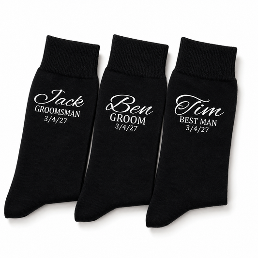 Three black socks with white text indicating roles for a wedding party on a white background.