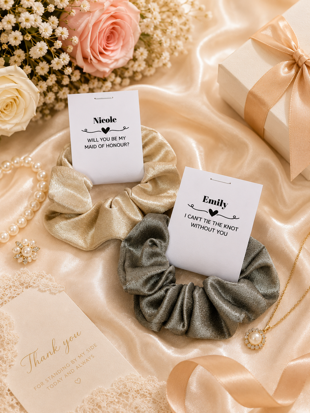Personalised Scrunchies with Gift Tag – Bridesmaid Proposal & Wedding Party Gift