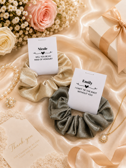 Personalised Scrunchies with Gift Tag – Bridesmaid Proposal & Wedding Party Gift