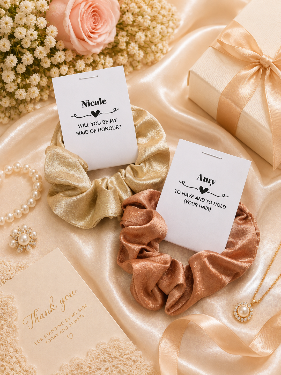 Personalised Scrunchies with Gift Tag – Bridesmaid Proposal & Wedding Party Gift