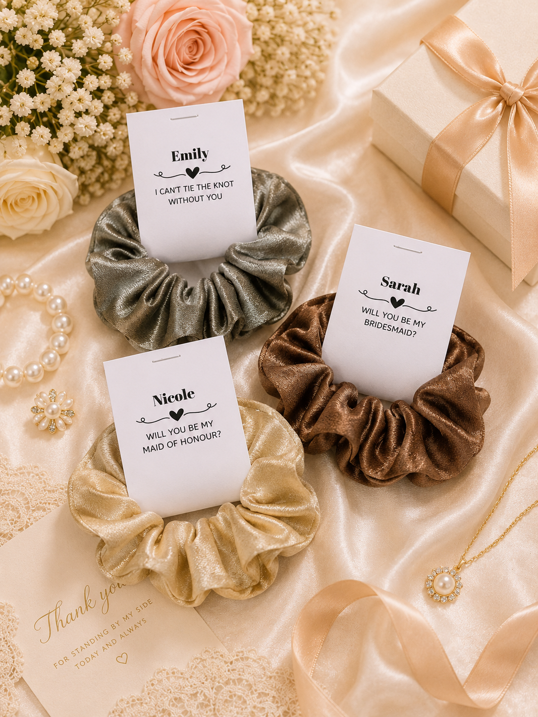 Personalised Scrunchies with Gift Tag – Bridesmaid Proposal & Wedding Party Gift