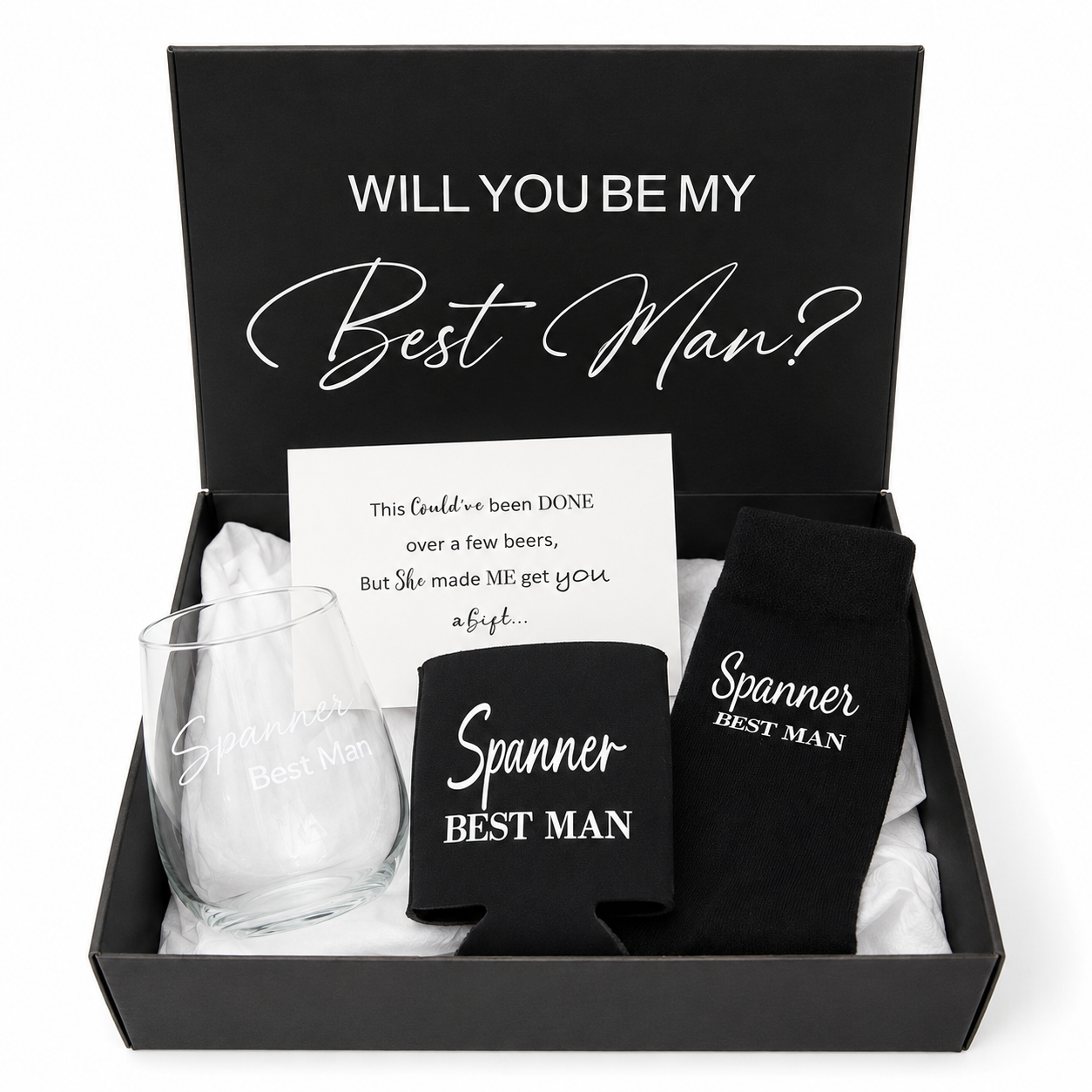 Gift set with 'Will you be my Best Man?' message, glass, and socks in a box.