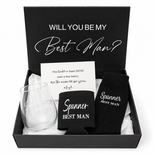Gift set with 'Will you be my Best Man?' message, glass, and socks in a box.
