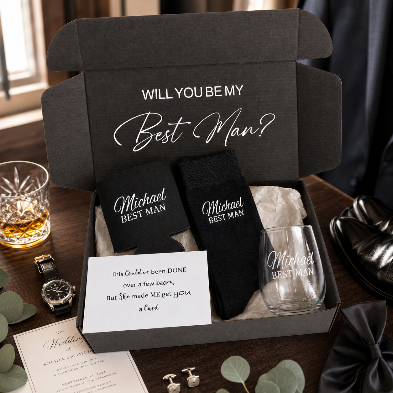 Gift set with 'Will You Be My Best Man?' proposal in a box, including socks, glass, and card.