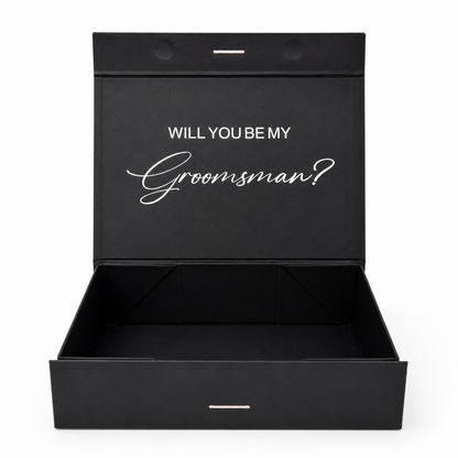 Black box with 'Will You Be My Groomsman?' text on a white background