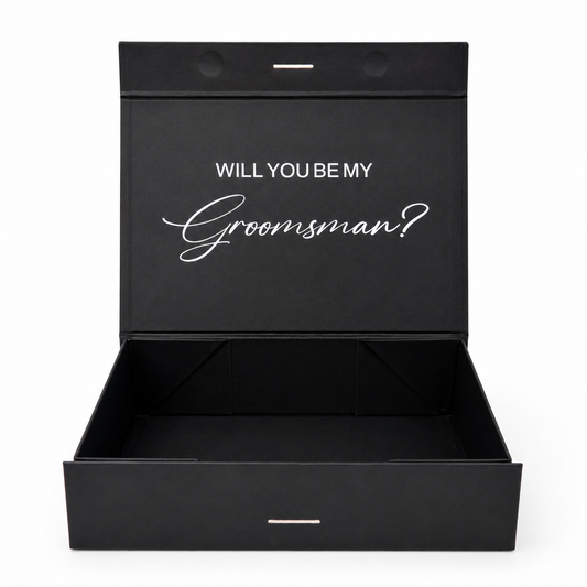 Black box with 'Will You Be My Groomsman?' text on a white background