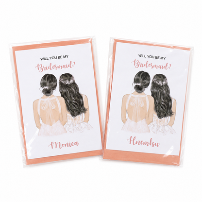Two cards with illustrations of two women in wedding dresses and text asking 'Will you be my bridesmaid?'.