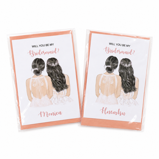 Two cards with illustrations of two women in wedding dresses and text asking 'Will you be my bridesmaid?'.