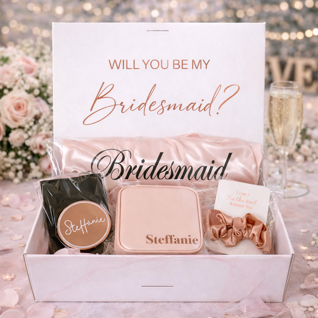 Gift box with 'Will you be my Bridesmaid?' message and personalized items on a decorative background.