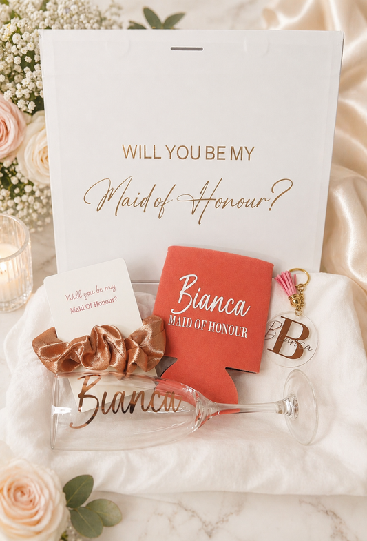 Bridesmaid/Maid of Honour Proposal Gift Box ( Gift Box, Champagne flute or Stemless glasses,Scrunchies, Acrylic Keyring, Card)