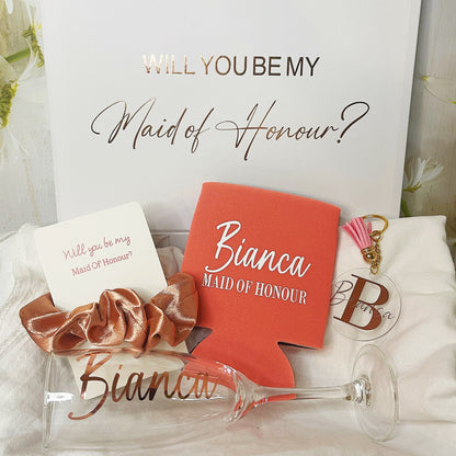 Bridesmaid/Maid of Honour Proposal Gift Box ( Gift Box, Champagne flute or Stemless glasses,Scrunchies, Acrylic Keyring, Card)