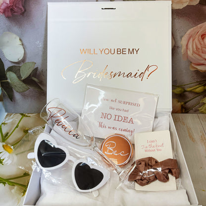 Personalised Bridesmaid/Maid of Honour Proposal Gift Box(Gift box,Heart Shape Sunglasses,Champagne flute,Scrunchies,Mirror,Card)