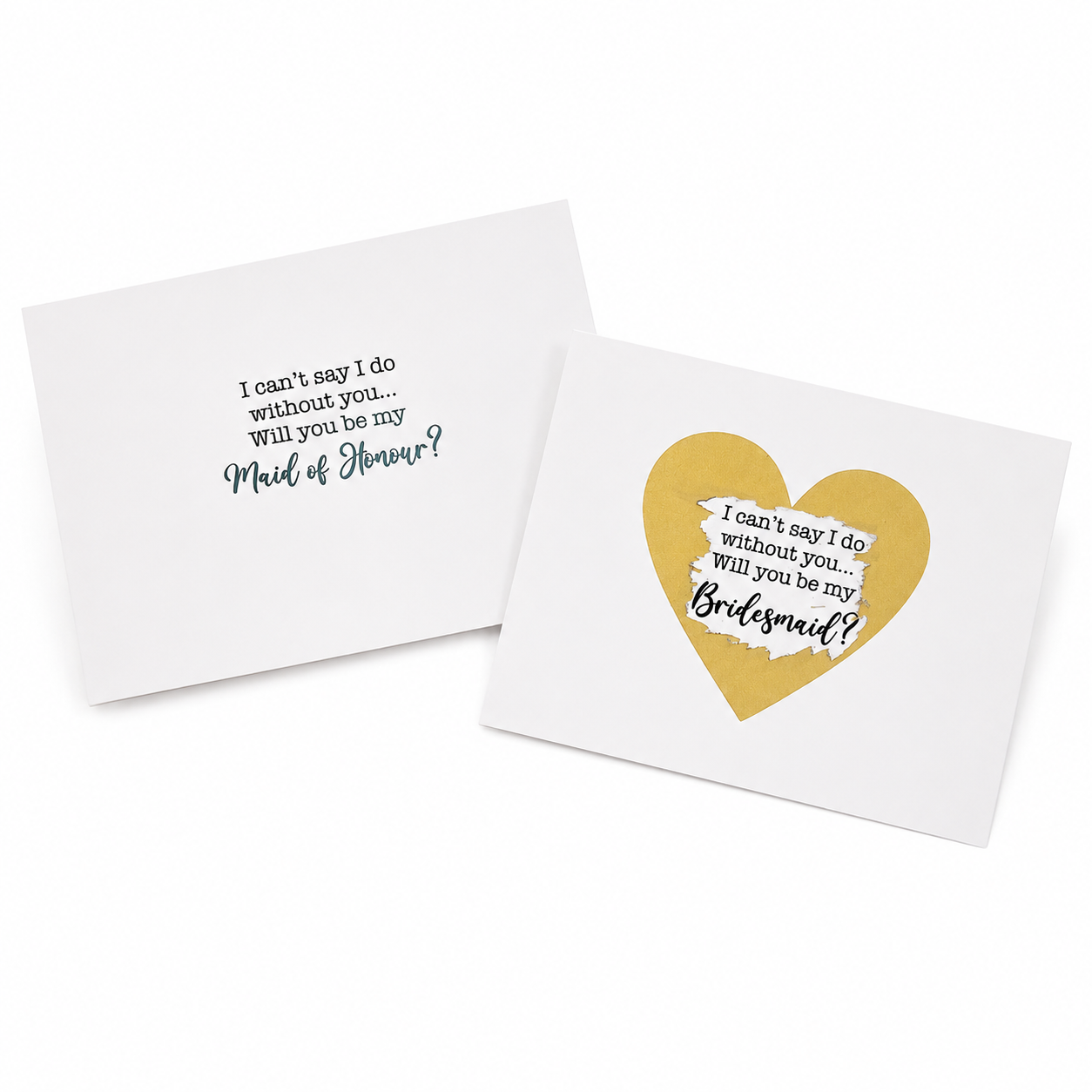 Two cards with text asking if you will be the Maid of Honour or Bridesmaid on a white background.