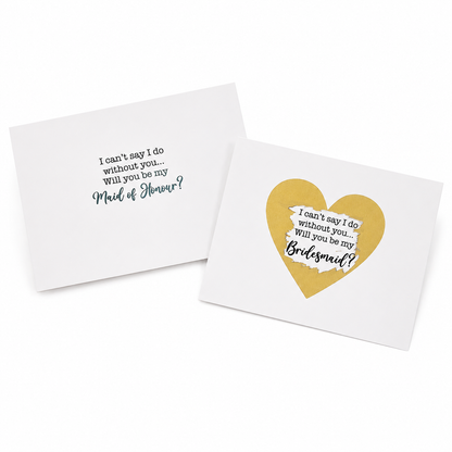 Two cards with text asking if you will be the Maid of Honour or Bridesmaid on a white background.