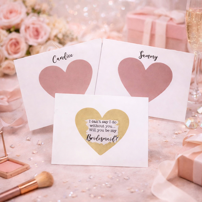Three cards with heart designs on a decorative surface with flowers and gifts.