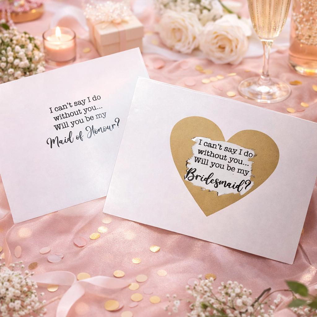Two cards asking if you will be a maid of honor or bridesmaid on a decorative table with flowers and candles.